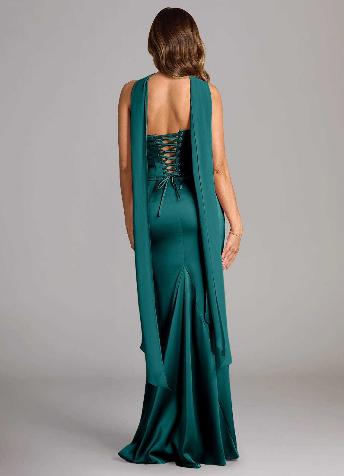Sorrel Mermaid Cowl-Neck Stretch Satin and Chiffon Bridesmaid Dress in Peacock