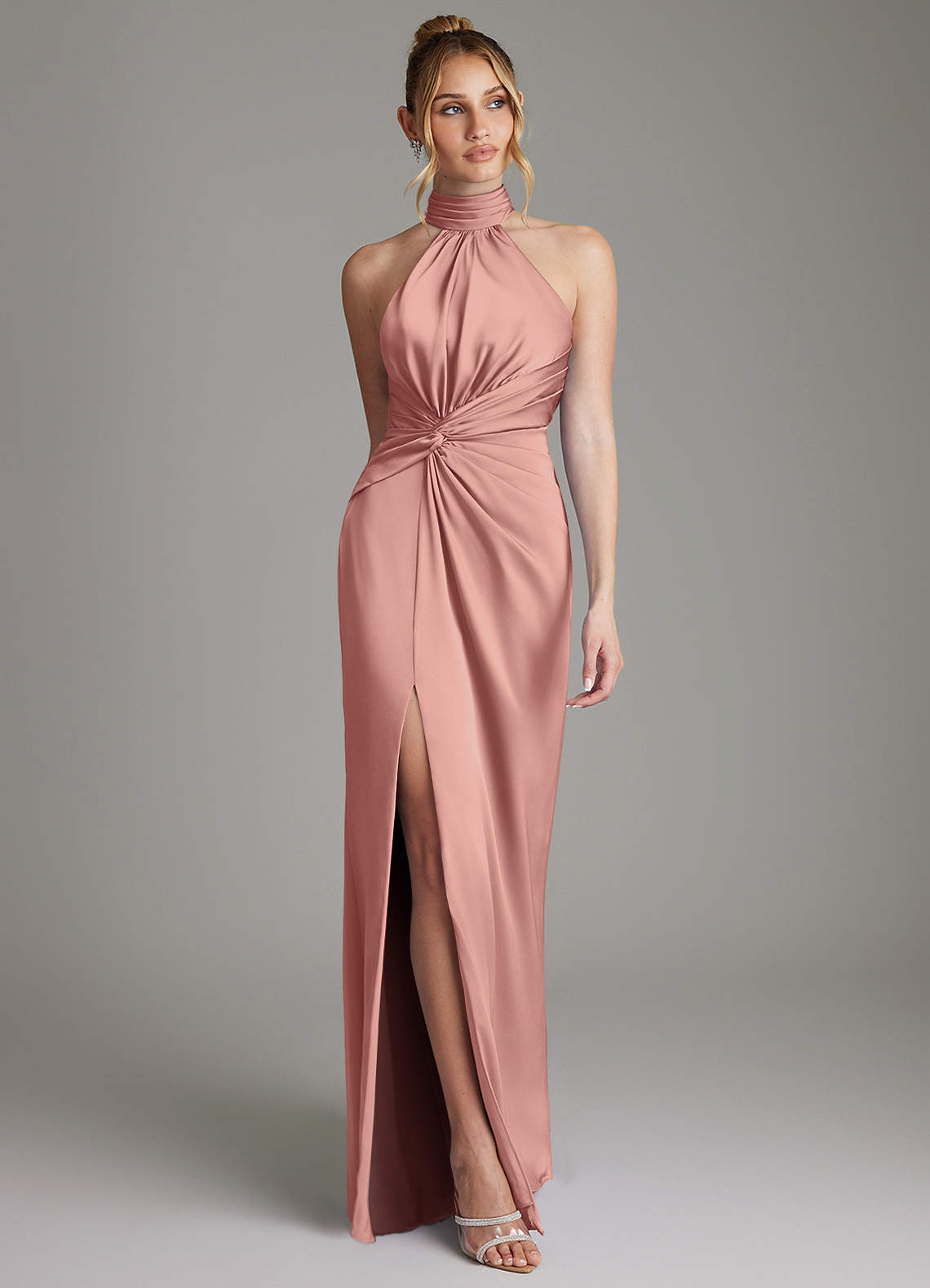 Gracelynn Sheath Halter Stretch Satin Bridesmaid Dress in Rosette