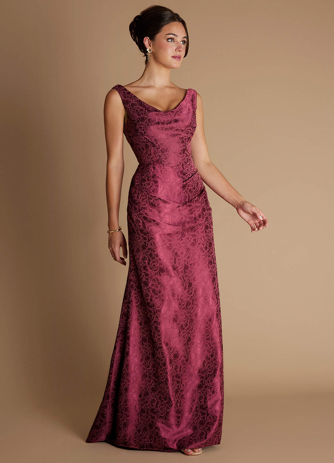 Kiana Mermaid Scoop-Neck Jacquard Wedding Guest Dress in Wine