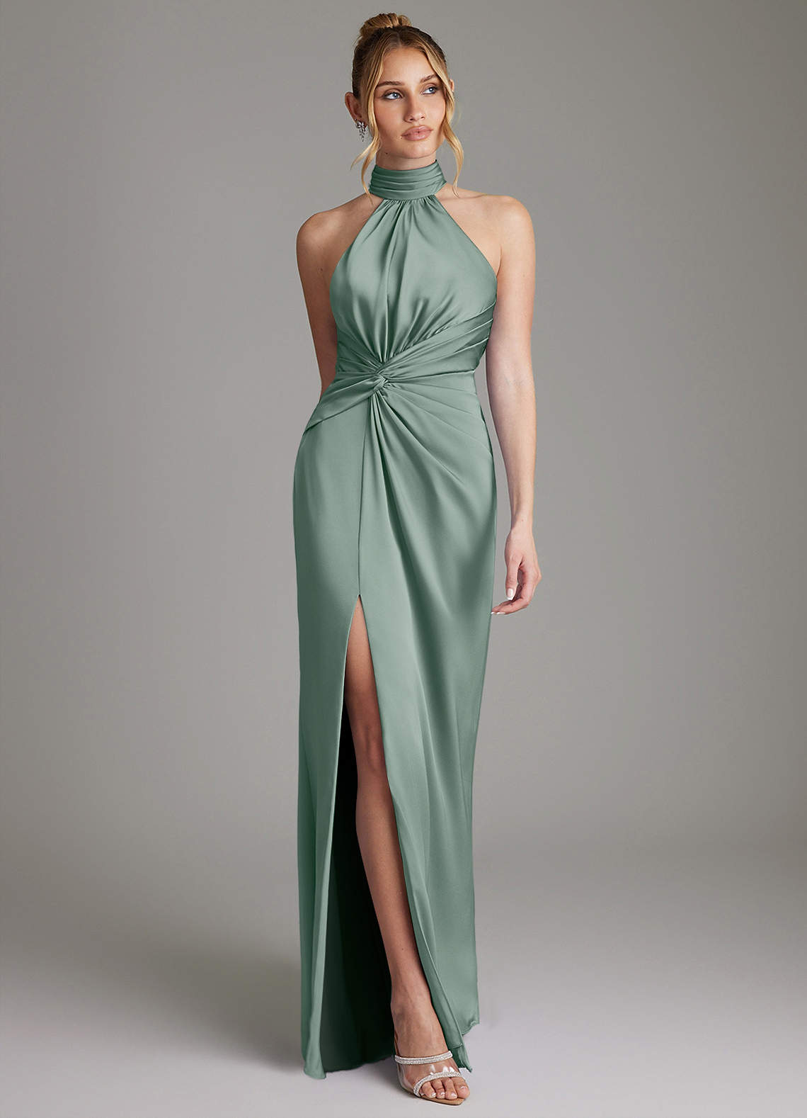 Gracelynn Sheath Halter Stretch Satin Bridesmaid Dress in Silver Sage