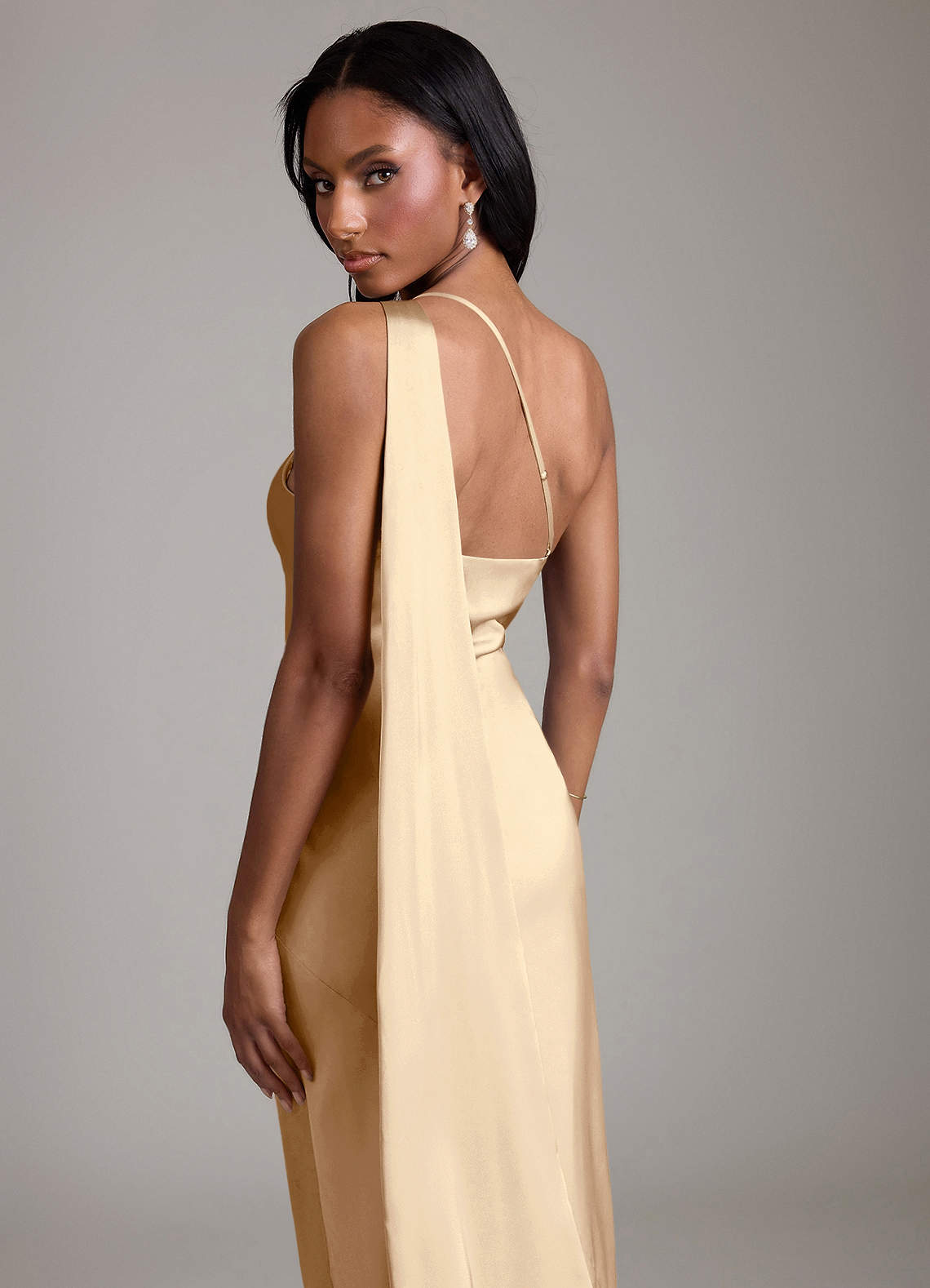 Juniper Mermaid One-Shoulder Stretch Satin Bridesmaid Dress in Champagne