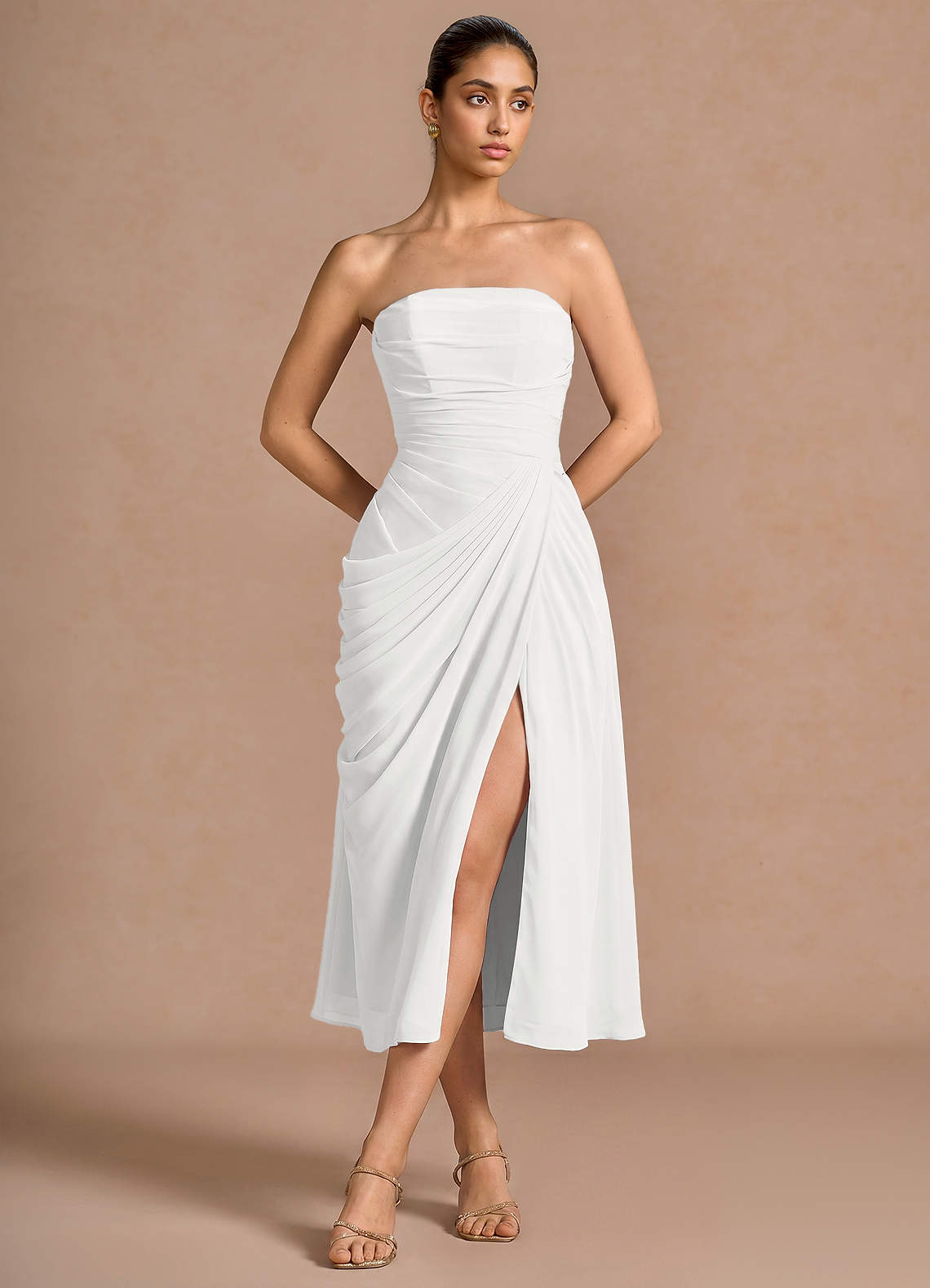 Kaavia Column Pleated Chiffon Midi Evening Dress in White