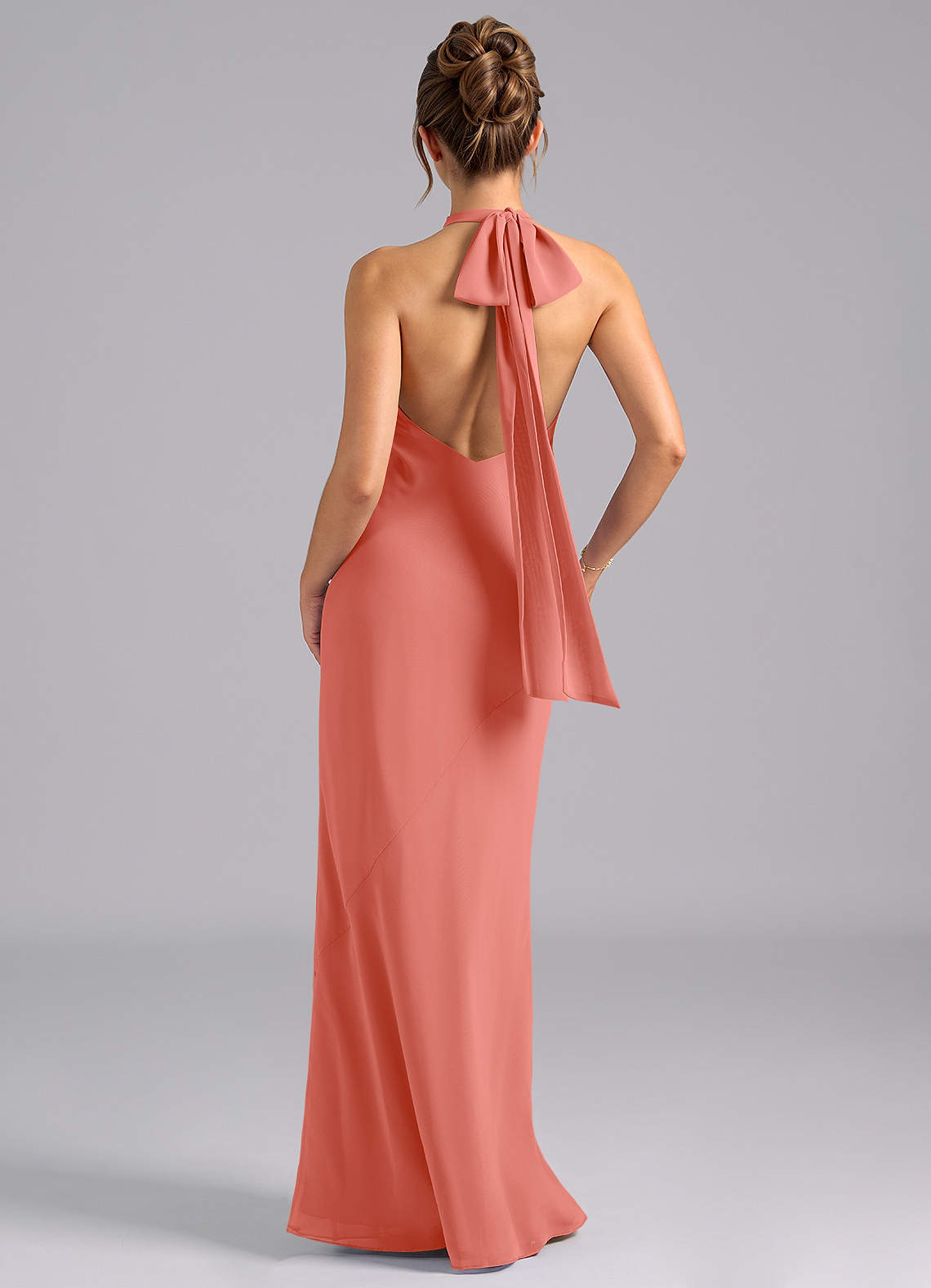 Velli Mermaid Halter Chiffon Bridesmaid Dress in Salmon Pink