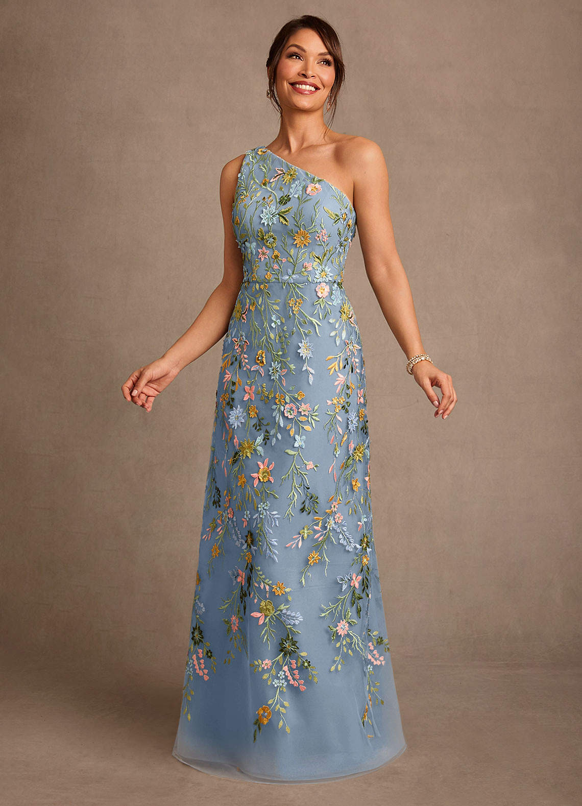 Bertie A-Line One-Shoulder Lace Mother of the Bride Dress in dusty blue