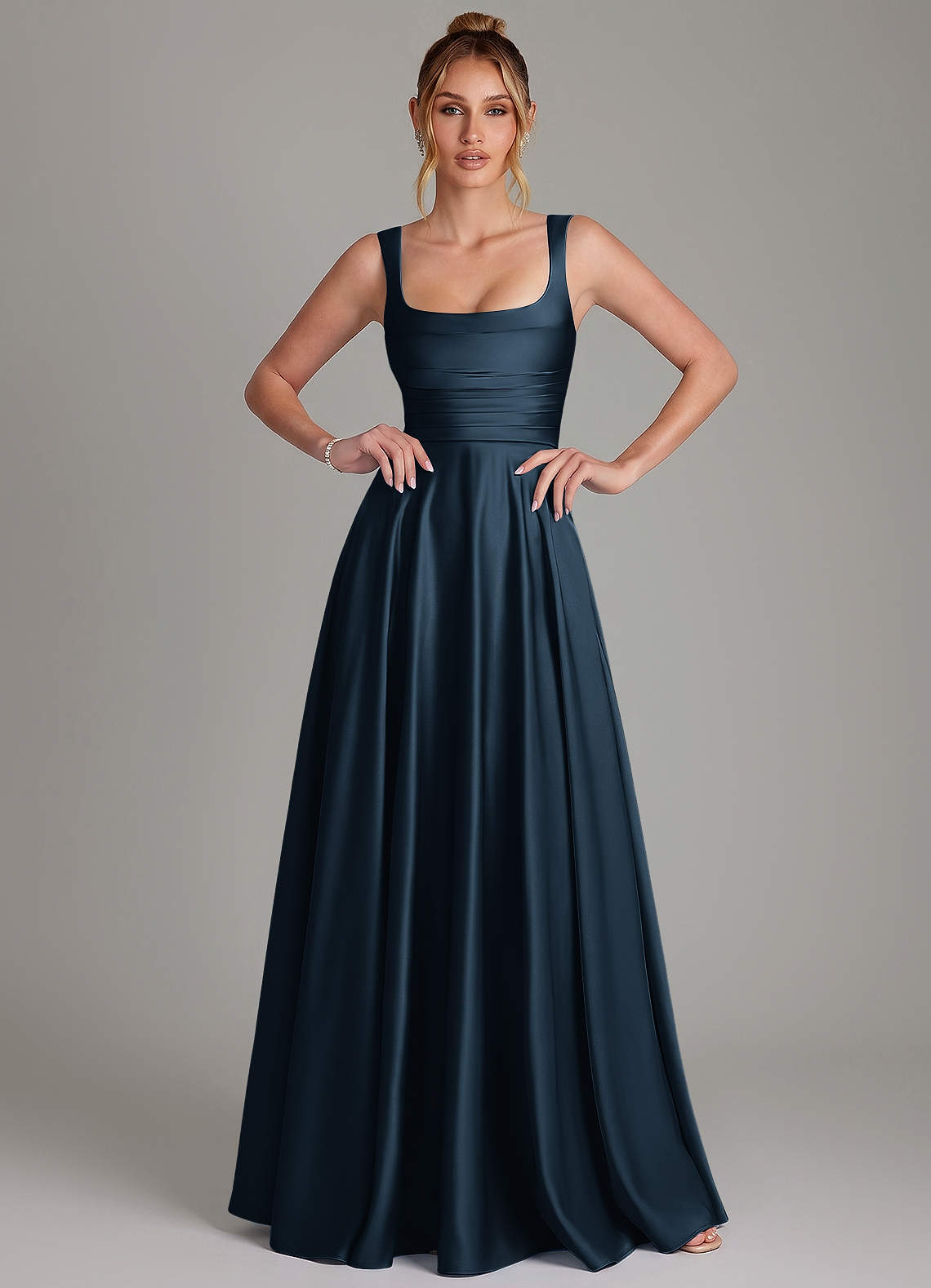 Azaria A-Line Square-Neck Stretch Satin Bridesmaid Dress in Dark Navy