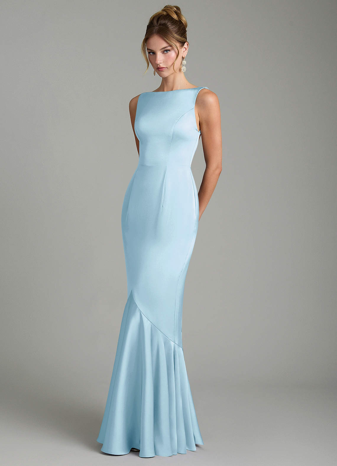 Tamera Mermaid Boat-Neck Stretch Satin and Chiffon Bridesmaid Dress in Sky Blue