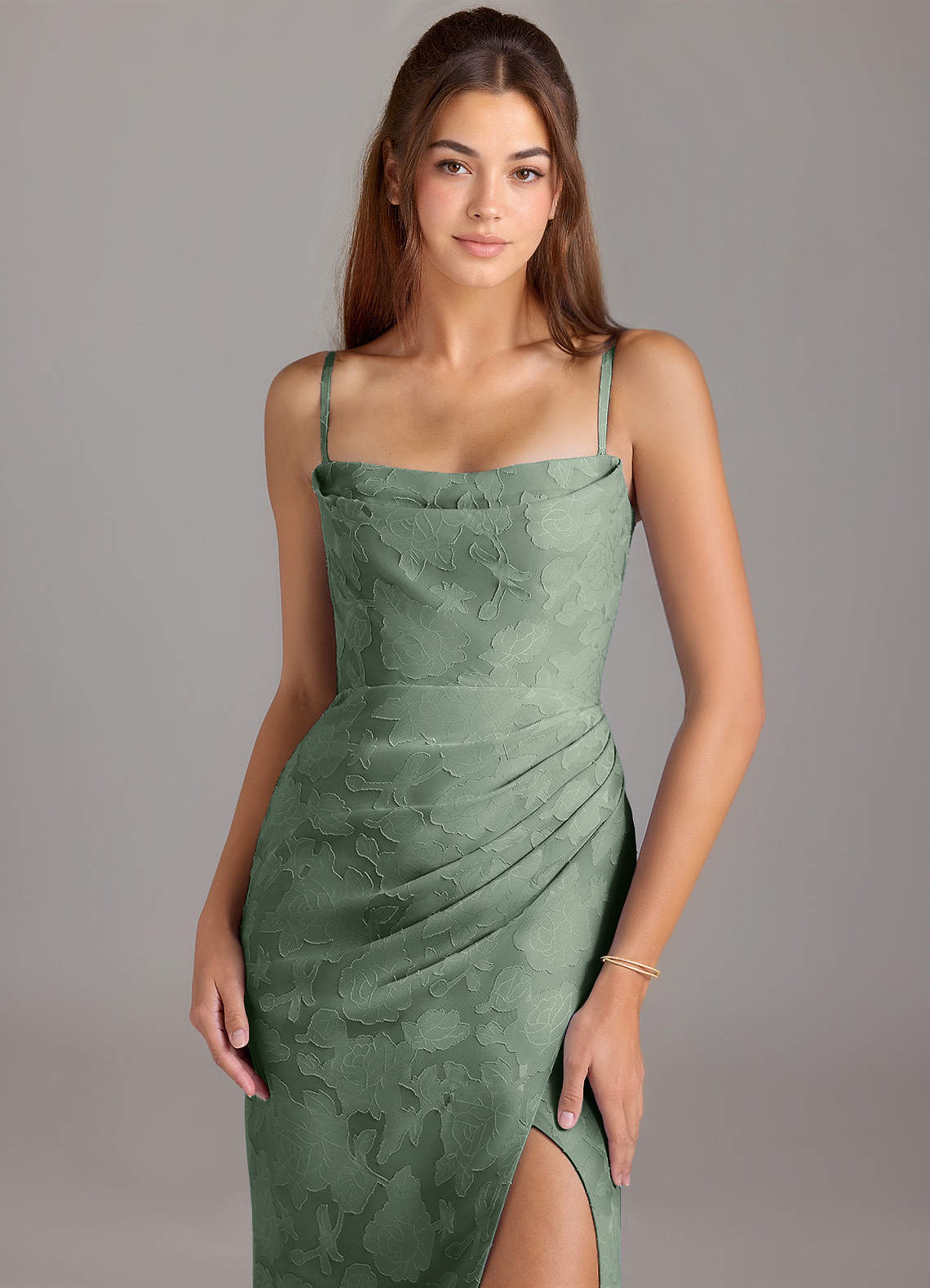 Leonis Sheath Strapless Floral Burnout Bridesmaid Dress in Matcha