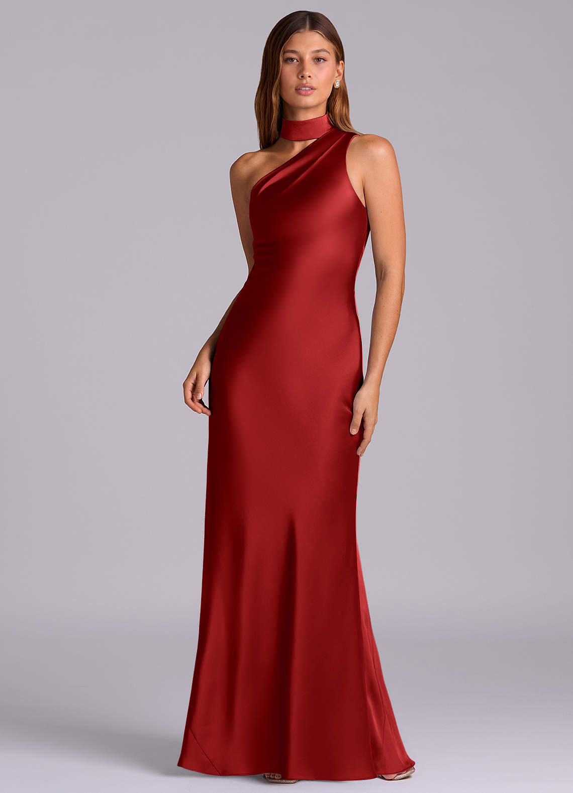 Seona Mermaid One-Shoulder Stretch Satin and Tulle Bridesmaid Dress in Pomegranate