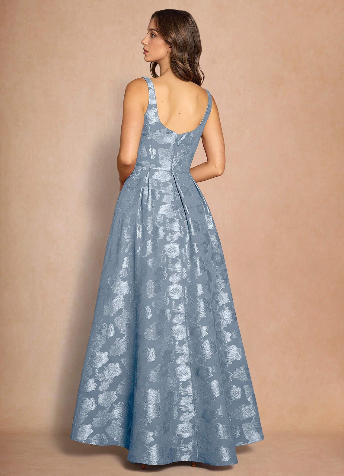 Briac A-Line Scoop-Neck Fil Coupé Evening Dress in Dusty Blue