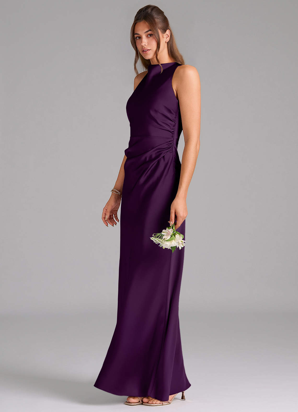 Evadne Sheath Scoop-Neck Stretch Satin Bridesmaid Dress in Grape