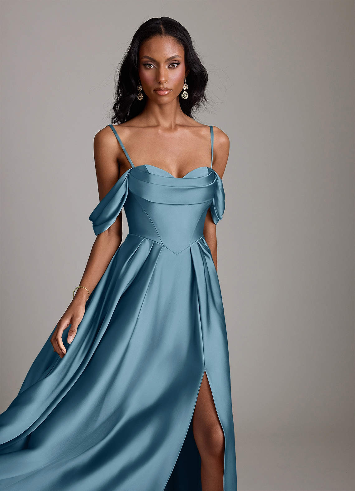 Loisa A-Line Off-the-Shoulder Stretch Satin Bridesmaid Dress in Bermuda