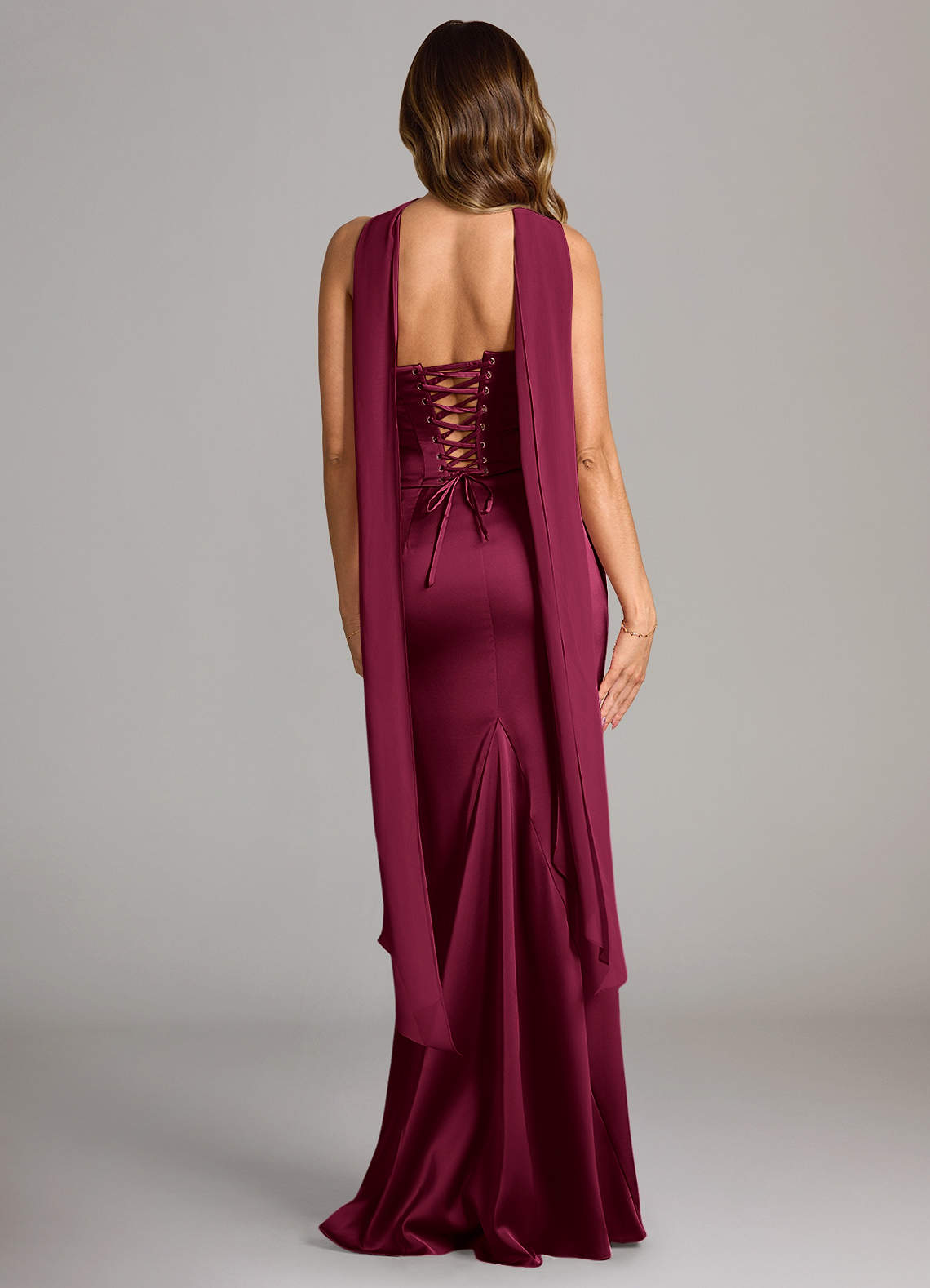 Sorrel Mermaid Cowl-Neck Stretch Satin and Chiffon Bridesmaid Dress in Burgundy