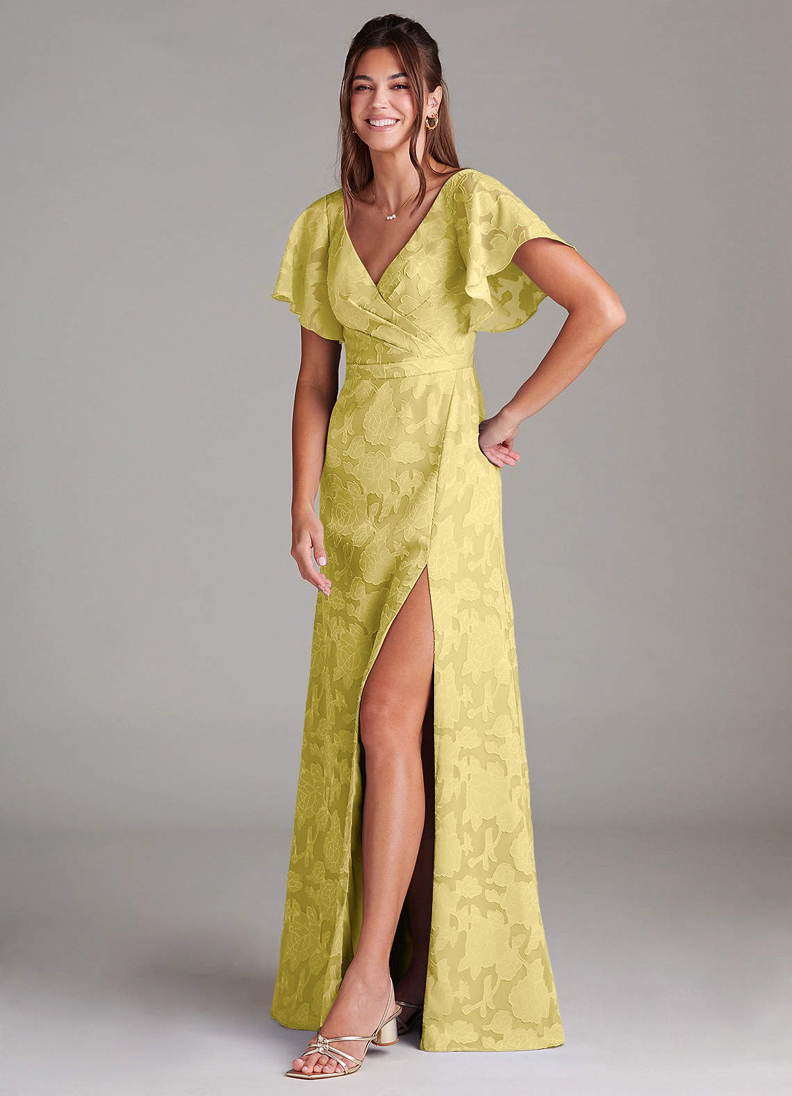 Ambrosia A-Line V-Neck Floral Burnout Bridesmaid Dress in Canary