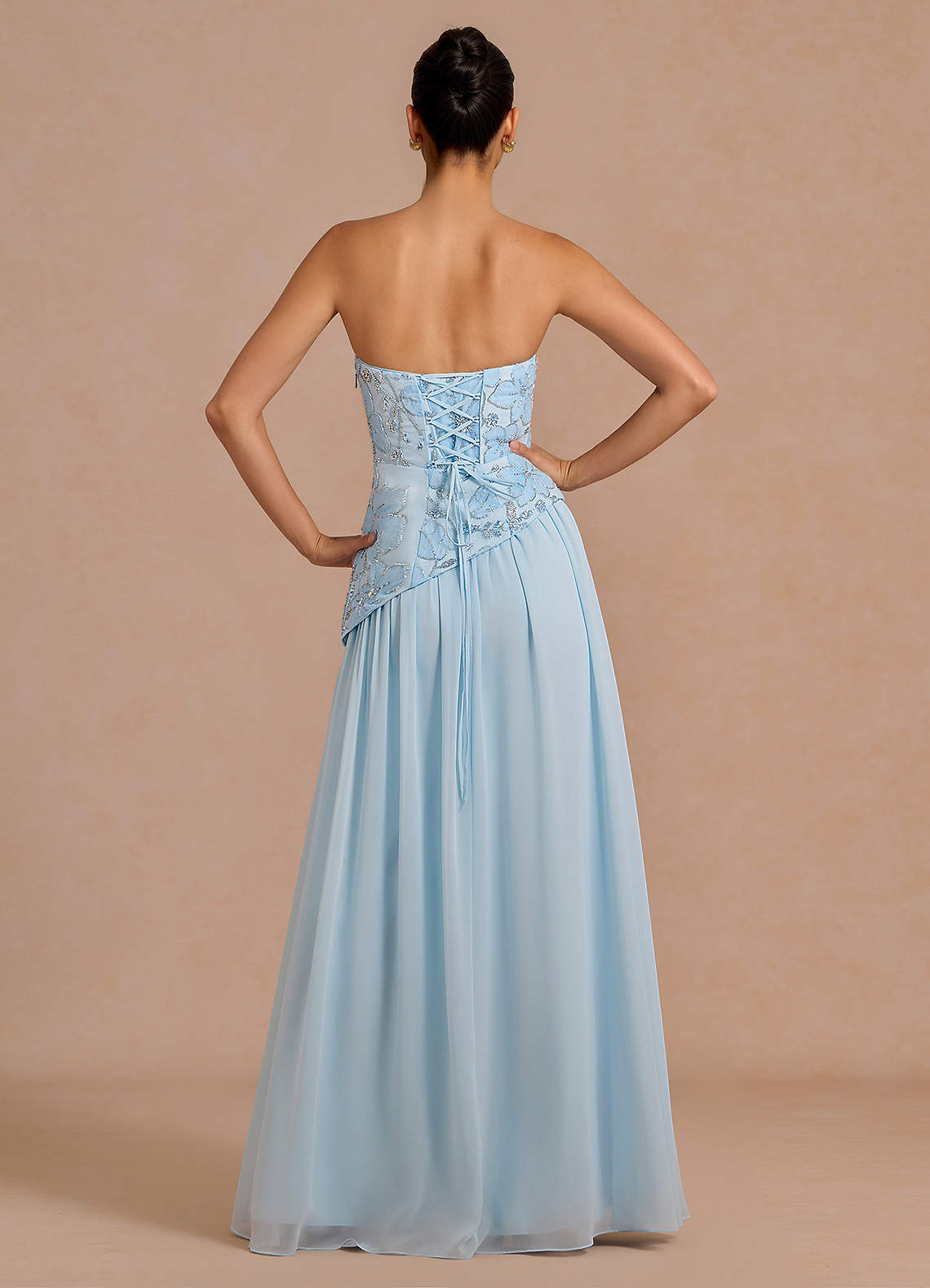 Galatea Sky Blue A-Line Floral Chiffon Evening Dress in Sky Blue