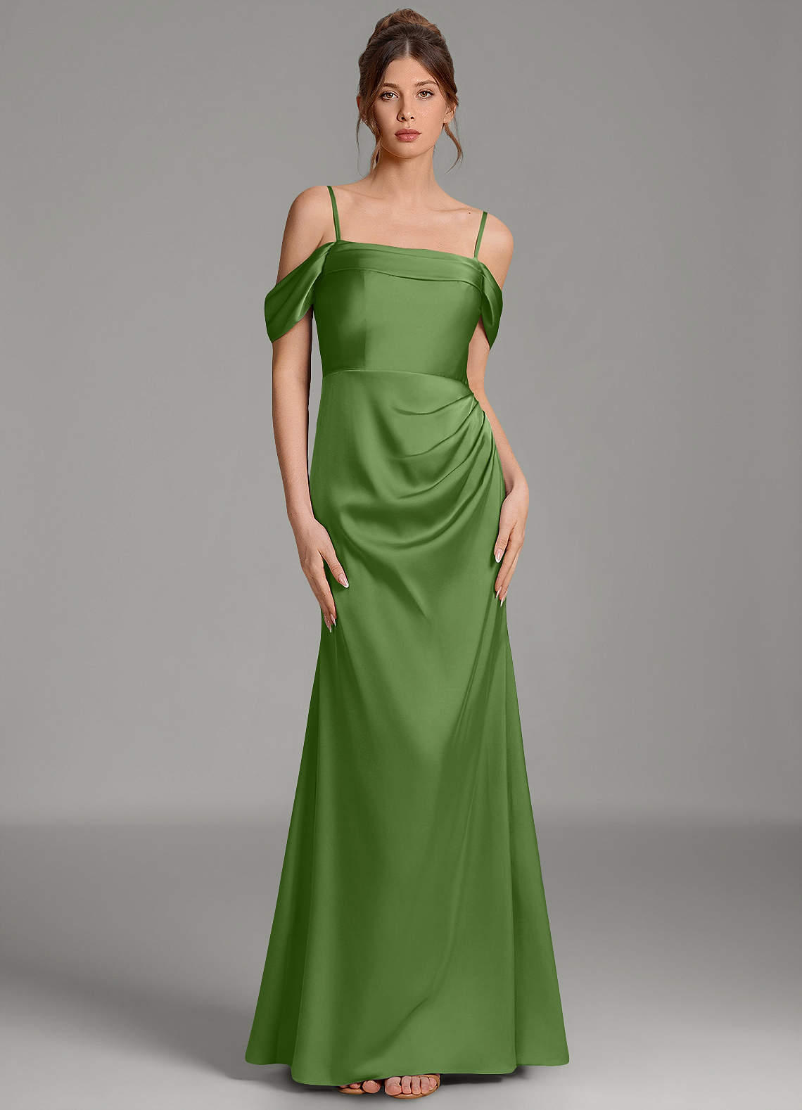 Wyatt Mermaid Off-the-Shoulder Stretch Satin Bridesmaid Dress in Basil