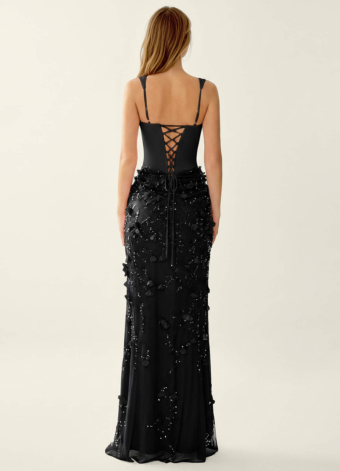 Belinda Mermaid Square-Neck Sequined Tulle Evening Dress in Black