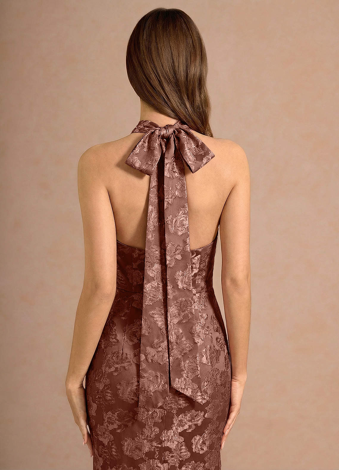 Valerie V-Neck Open-Back Fil Coupé Evening Dress in Mocha Coco