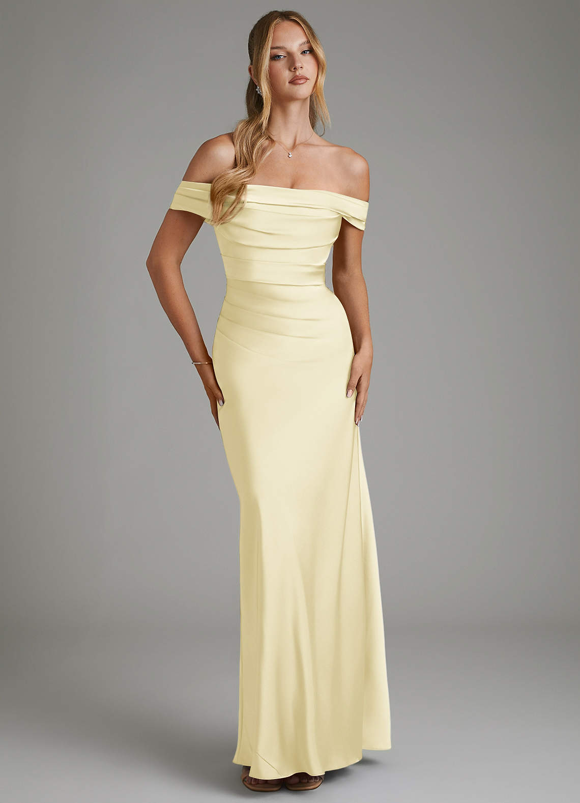Hayden Mermaid Off-the-Shoulder Stretch Satin Bridesmaid Dress in Lemon Sorbet