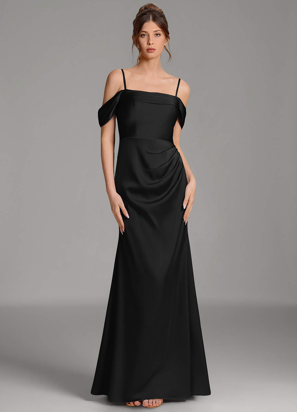 Wyatt Mermaid Off-the-Shoulder Stretch Satin Bridesmaid Dress in black