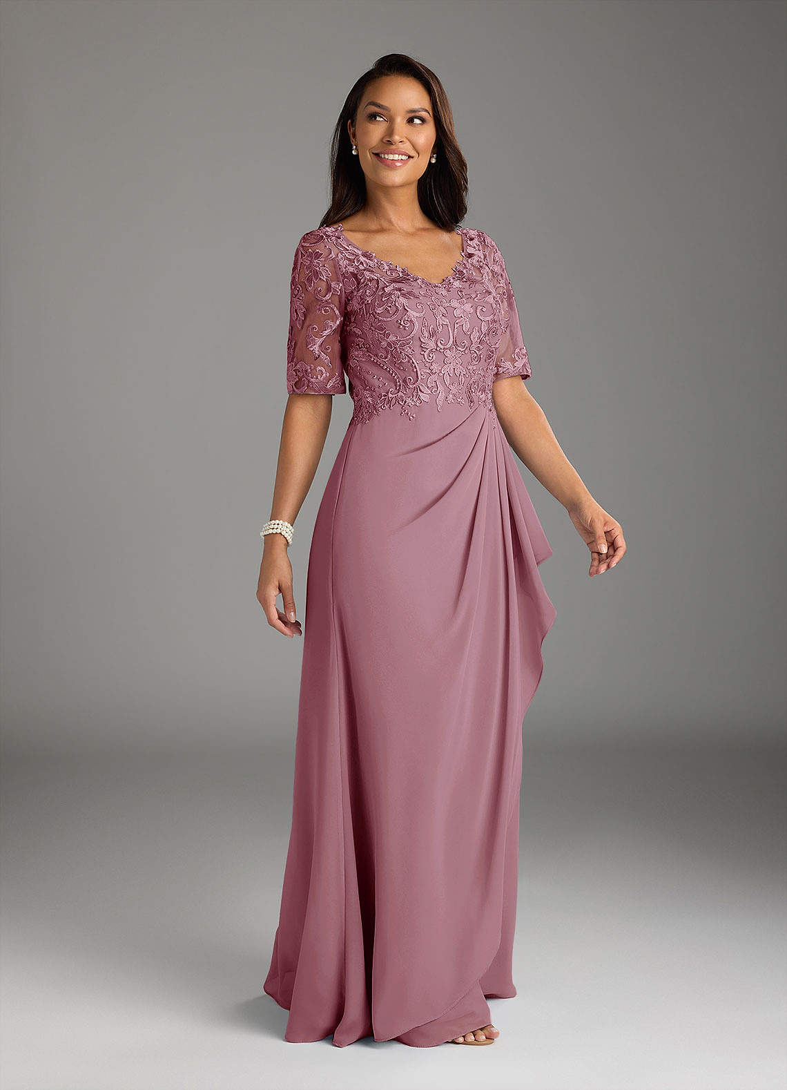Amedeus A-Line V-Neck Chiffon and Lace Mother of the Bride Dress in Vintage Mauve