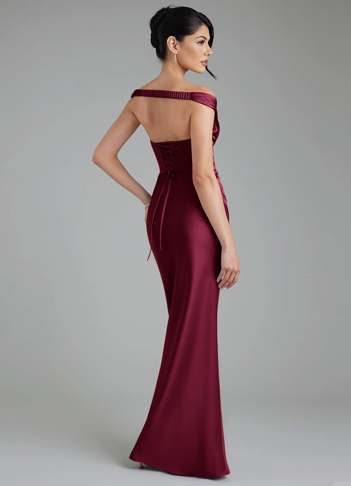 Stella Sheath V-Neck Stretch Satin Bridesmaid Dress in Burgundy