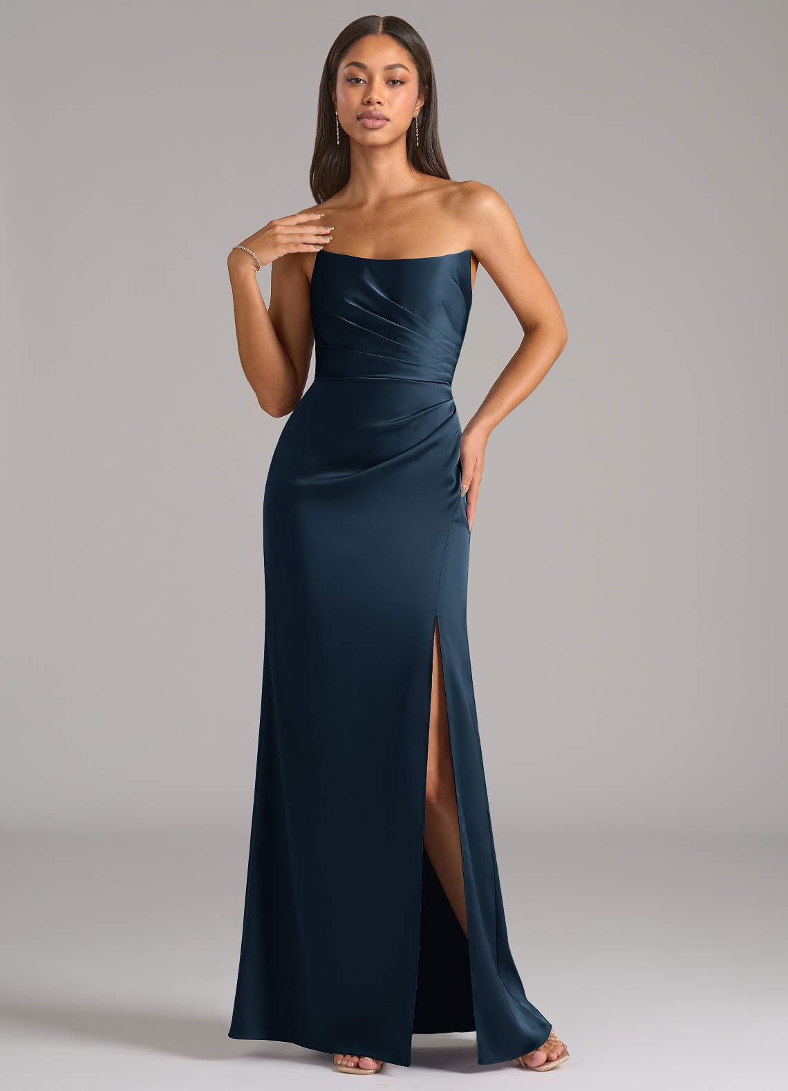 Marla Sheath Strapless Stretch Satin Bridesmaid Dress in Dark Navy