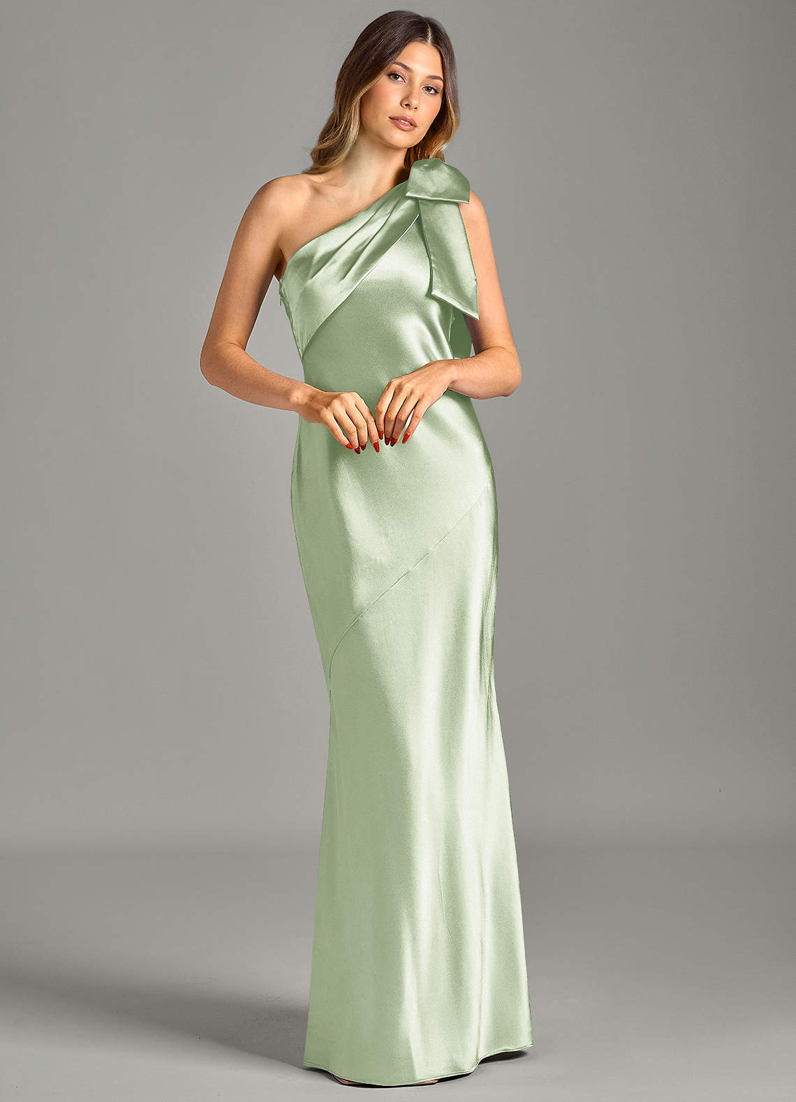Yuanna Mermaid One-Shoulder Metallic Satin Bridesmaid Dress in Dusty Sage