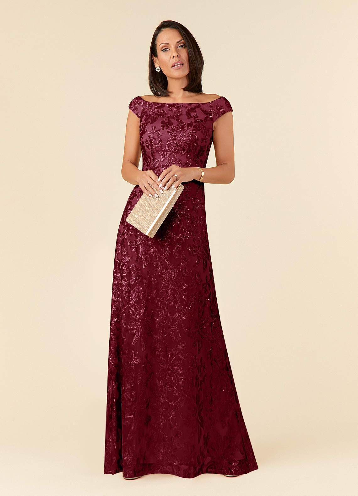 Porcelain A-Line Off-the-Shoulder Lace Mother of the Bride Dress in Burgundy