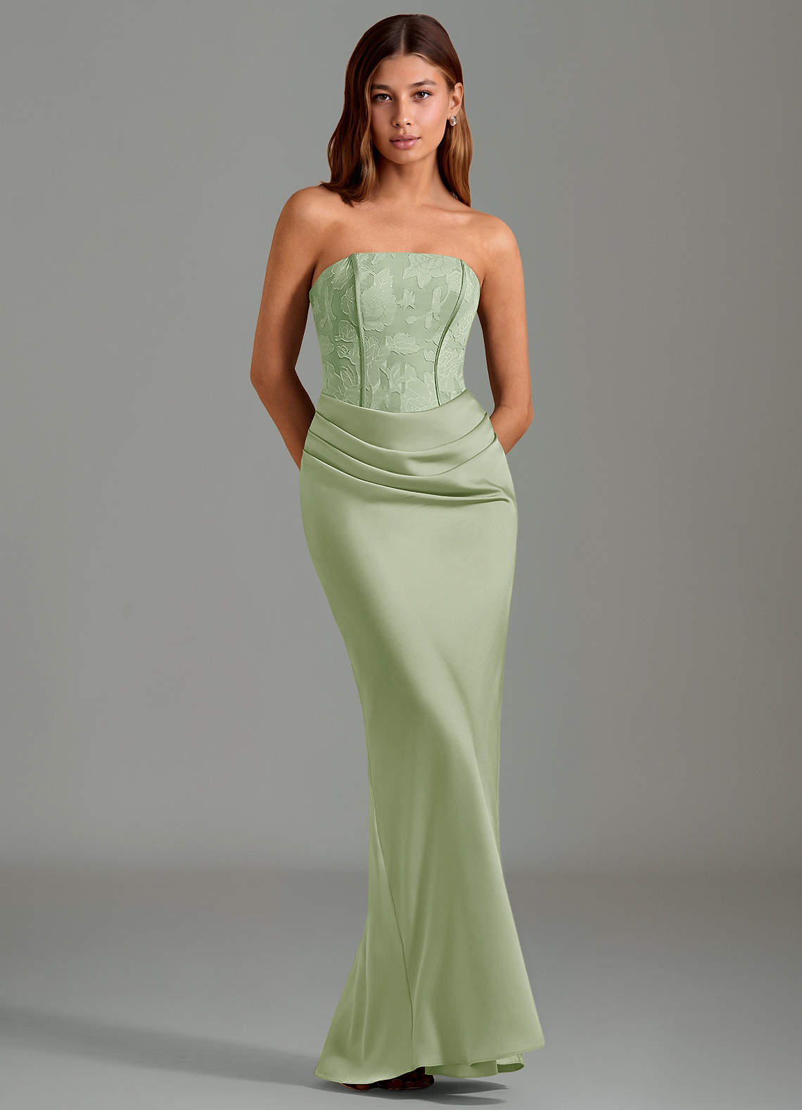 Emilia Mermaid Strapless Stretch Satin and Floral Burnout Bridesmaid Dress in Dusty Sage