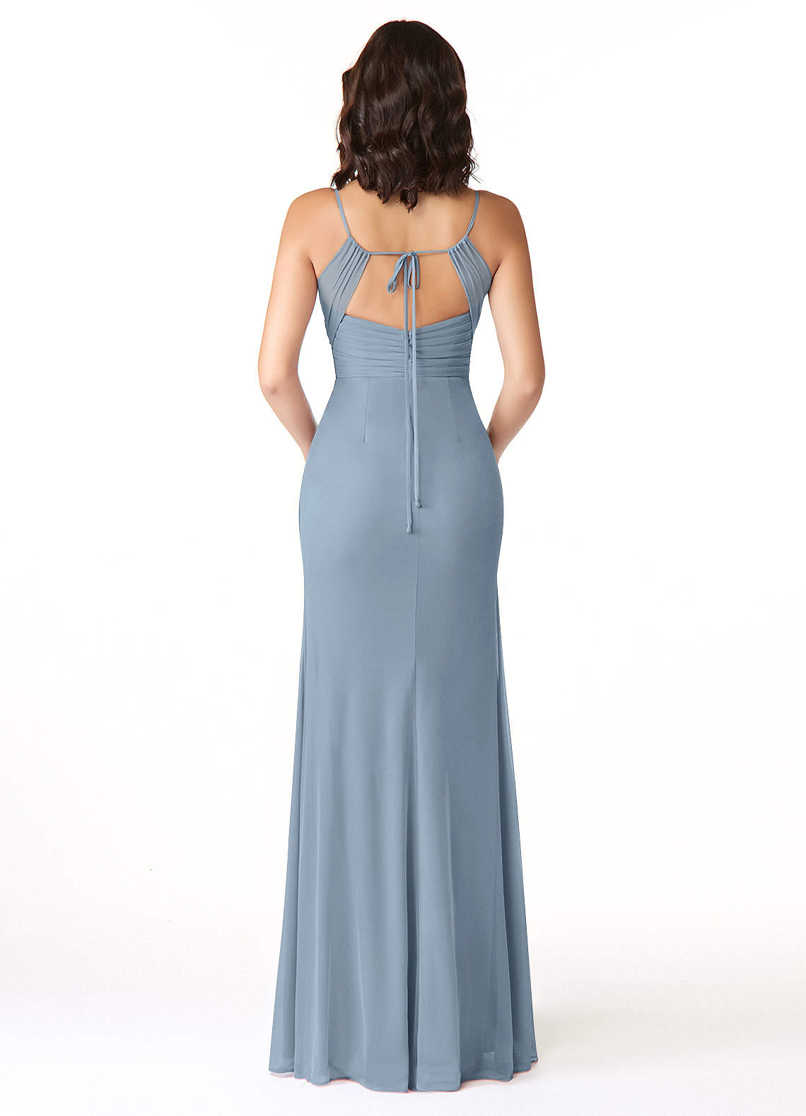 Reneya Mermaid V-Neck Mesh Bridesmaid Dress in dusty blue