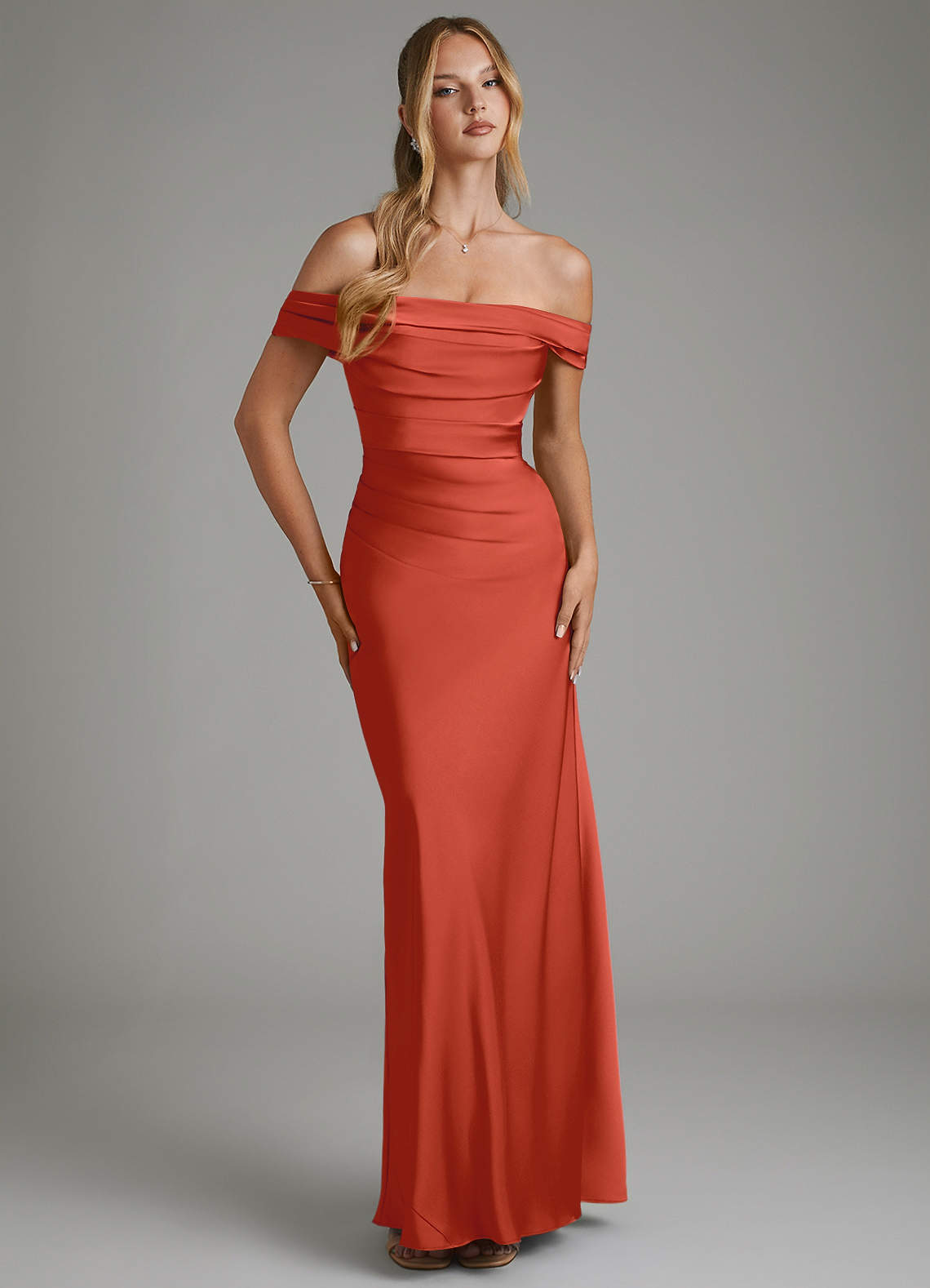 Hayden Mermaid Off-the-Shoulder Stretch Satin Bridesmaid Dress in Rust