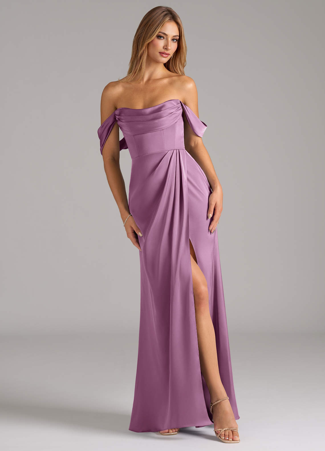 Johana Mermaid Off-the-Shoulder Stretch Satin Bridesmaid Dress in Wisteria