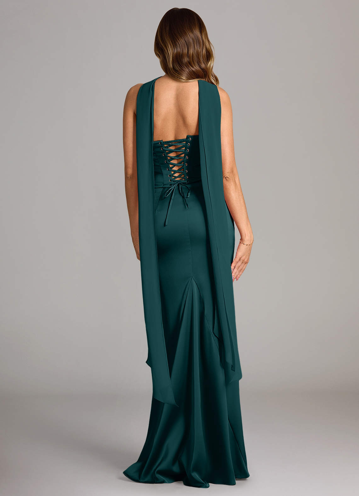 Sorrel Mermaid Cowl-Neck Stretch Satin and Chiffon Bridesmaid Dress in Pine