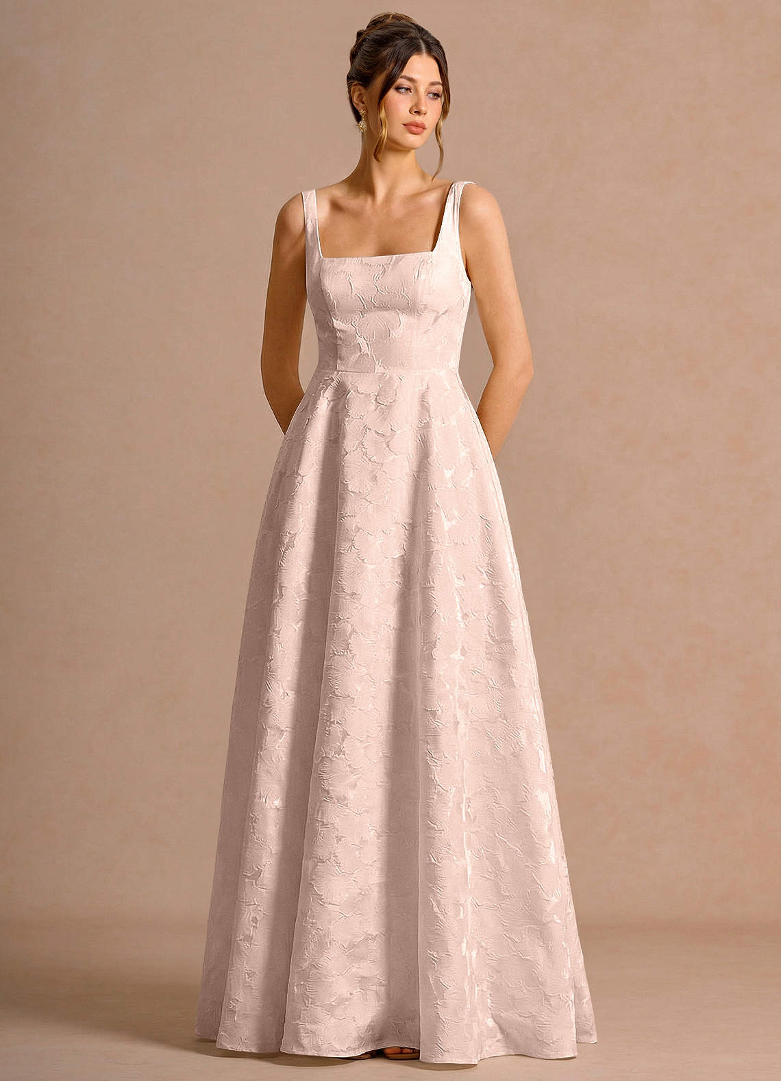 Effie A-Line Square-Neck Jacquard Evening Dress in Baby Pink