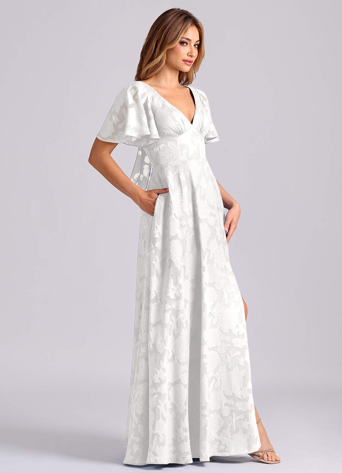 Kimber A-Line V-Neck Floral Burnout Bridesmaid Dress in white