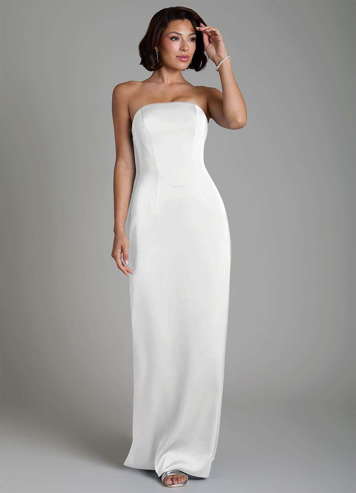 Fallyn Sheath Strapless Stretch Satin Bridesmaid Dress in white
