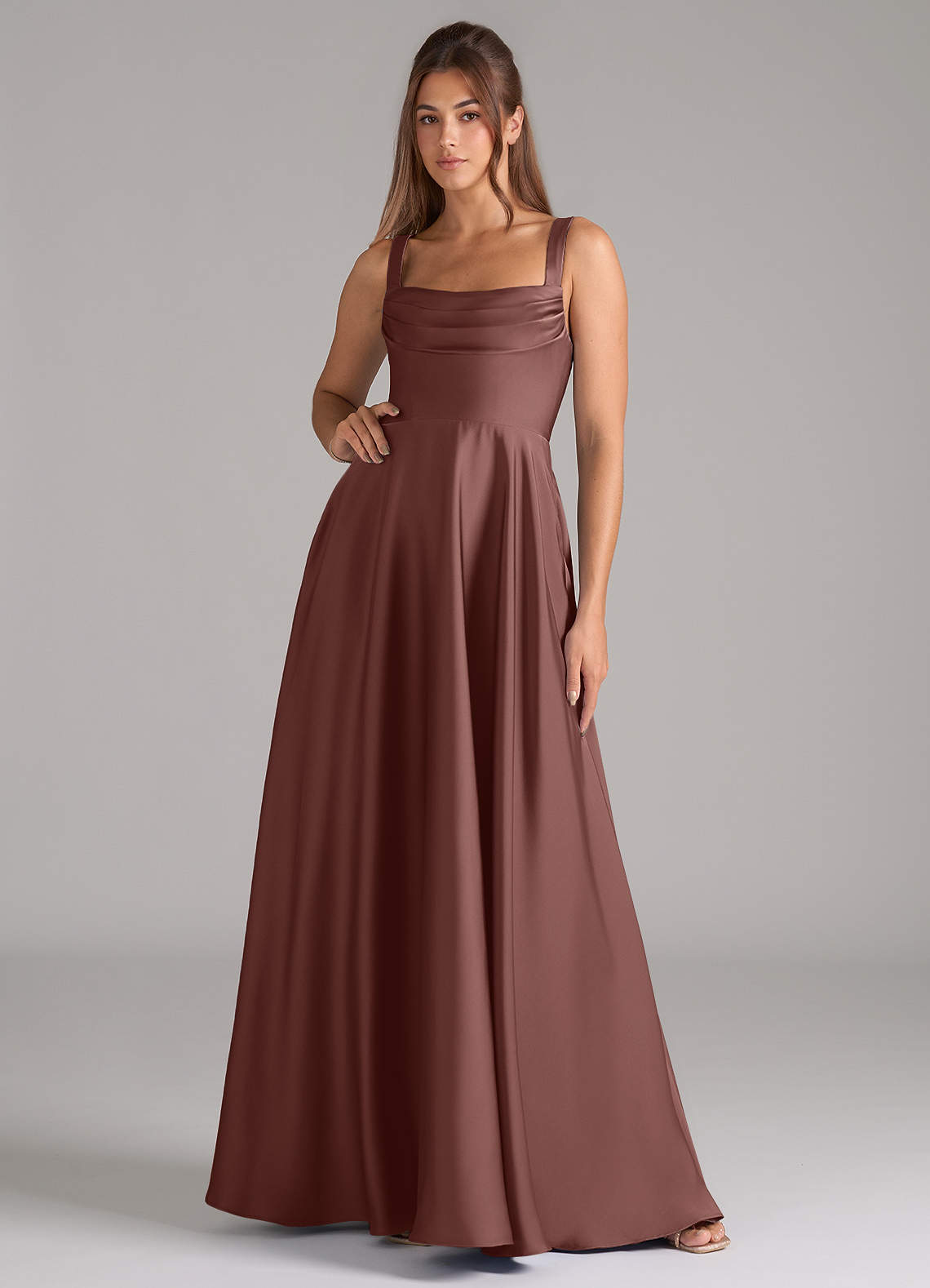 Shaude A-Line Square-Neck Stretch Satin Bridesmaid Dress in Espresso