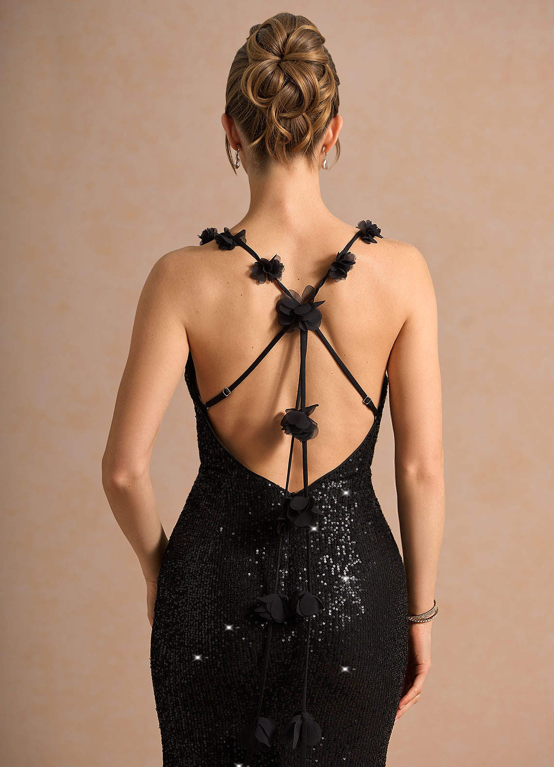 Selara Open-Back Floral Sequin Chiffon Evening Dress in Black
