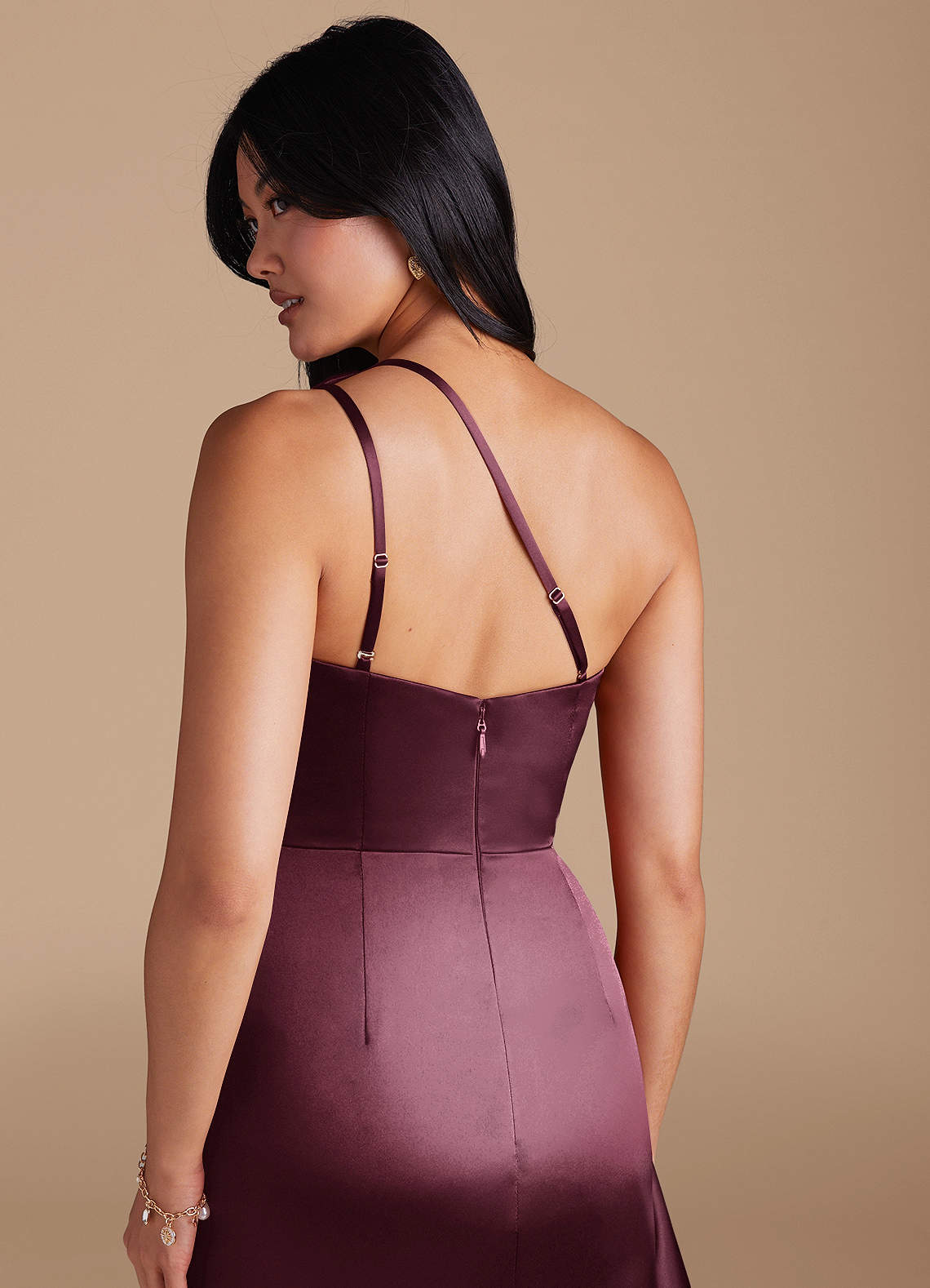 Latrice Sheath One-Shoulder Metallic Satin Bridesmaid Dress in Cabernet