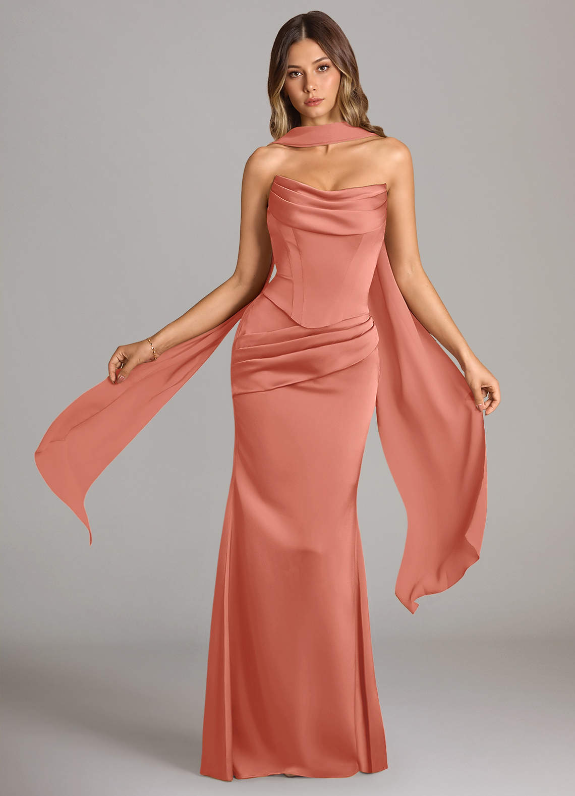 Sorrel Mermaid Cowl-Neck Stretch Satin and Chiffon Bridesmaid Dress in Salmon Pink