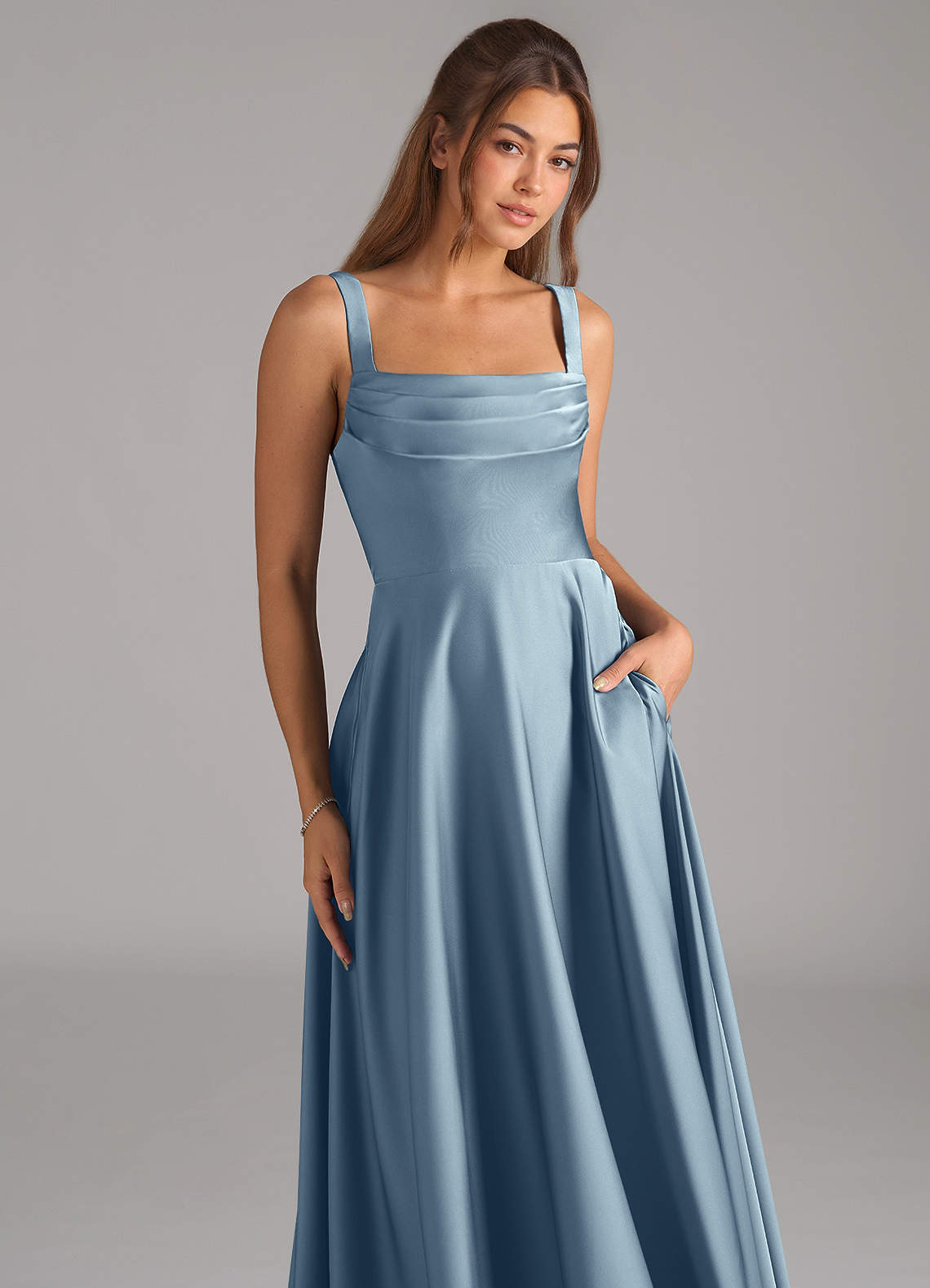 Shaude A-Line Square-Neck Stretch Satin Bridesmaid Dress in dusty blue