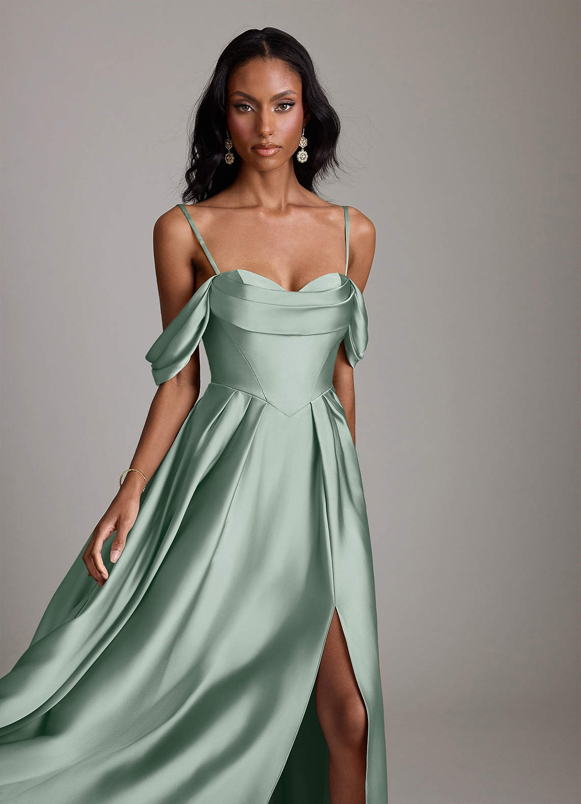Loisa A-Line Off-the-Shoulder Stretch Satin Bridesmaid Dress in Agave