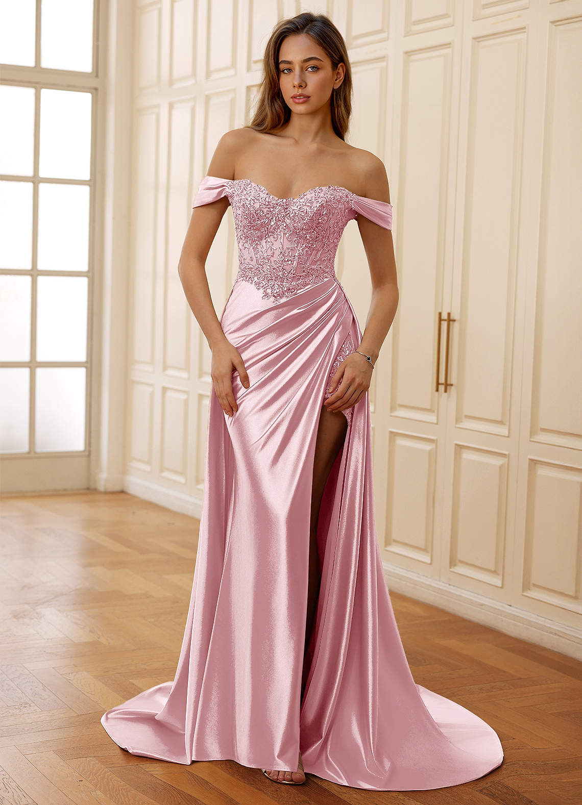 Rowane A-Line Off-the-Shoulder Satin Evening Dress in Blushing Pink