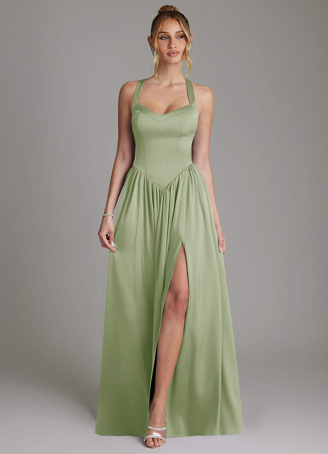 Francis A-Line V-Neck Stretch Satin Bridesmaid Dress in Dusty Sage