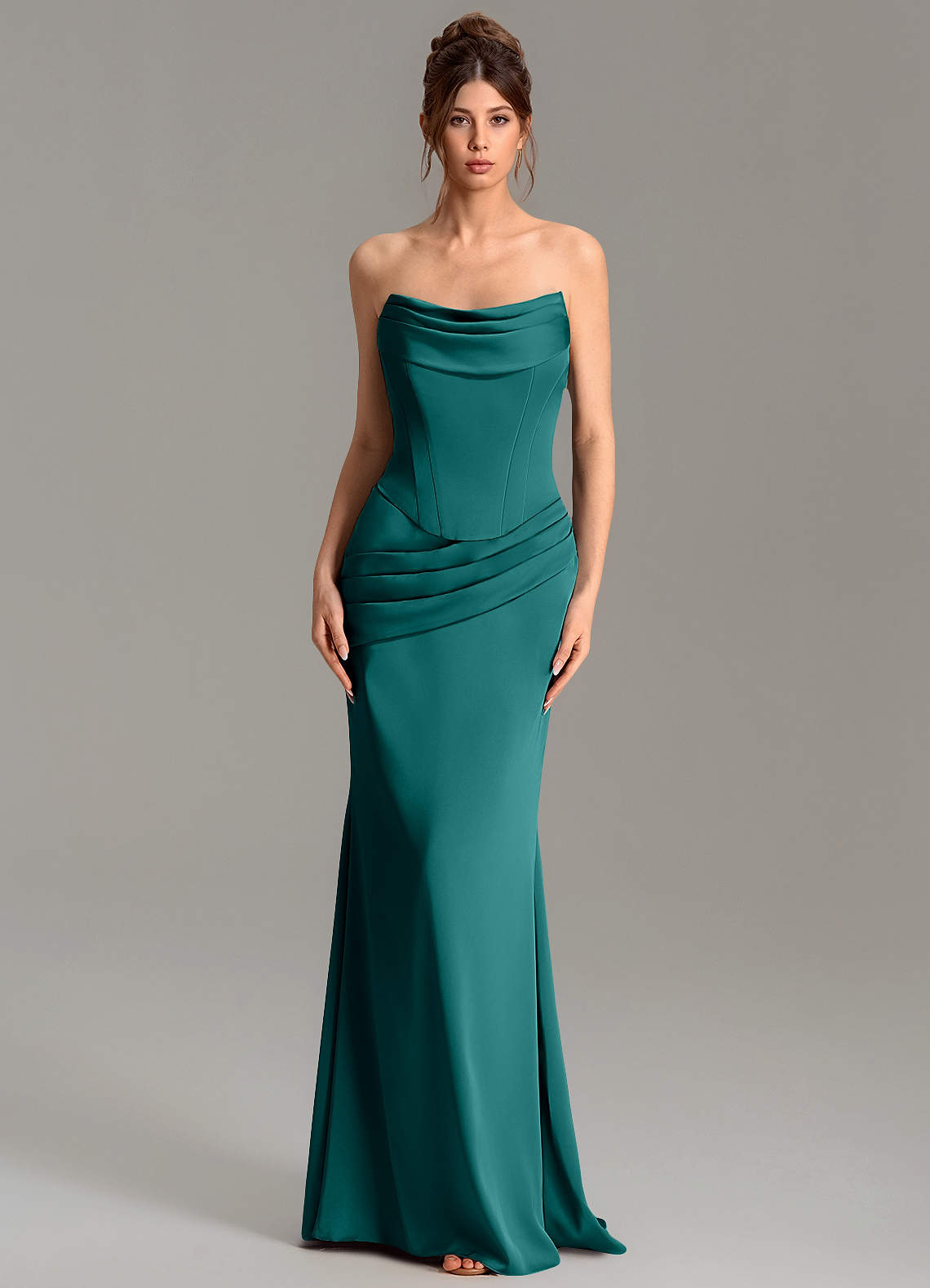 Adrienne Mermaid Cowl-Neck Stretch Satin Bridesmaid Dress in Peacock