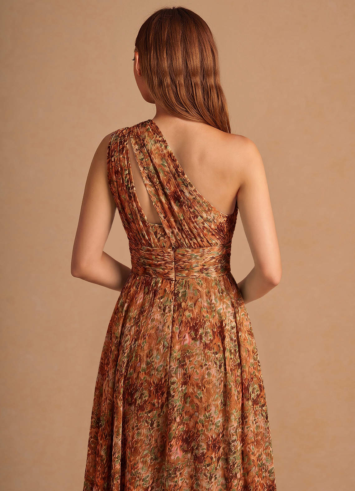 Noelle A-Line Twisted-Shoulder Chiffon Wedding Guest Dress in Orange Floral