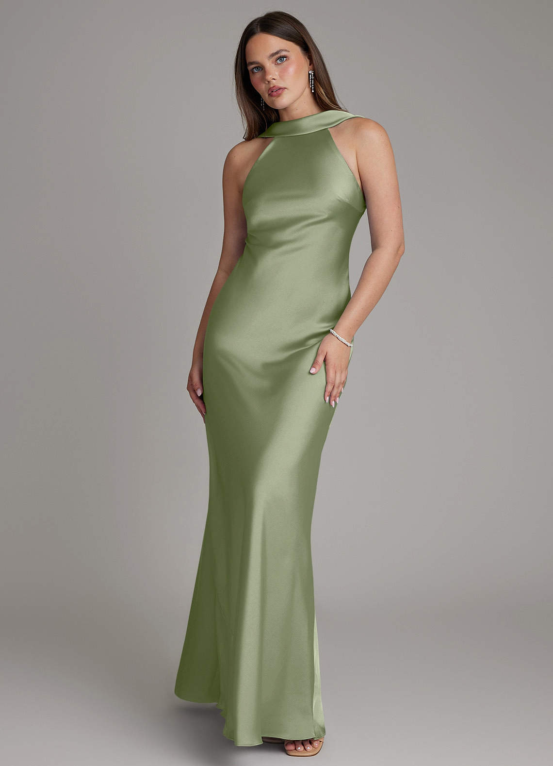 Dimitra Sheath Halter Stretch Satin Bridesmaid Dress in Pistachio