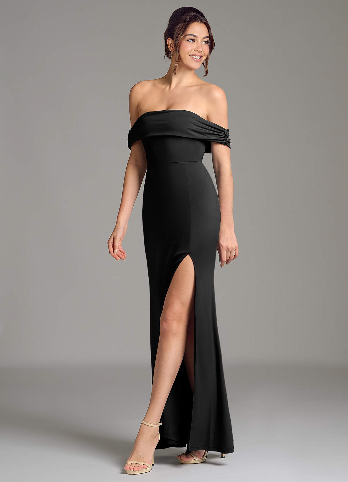 Evangelia Mermaid Off-the-Shoulder Stretch Jersey Bridesmaid Dress in black