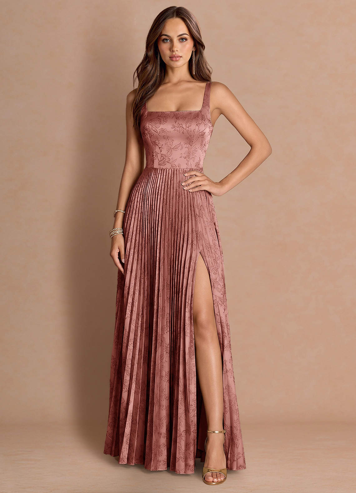 Tatiana A-Line Square-Neck Jacquard Wedding Guest Dress in Vintage Rose