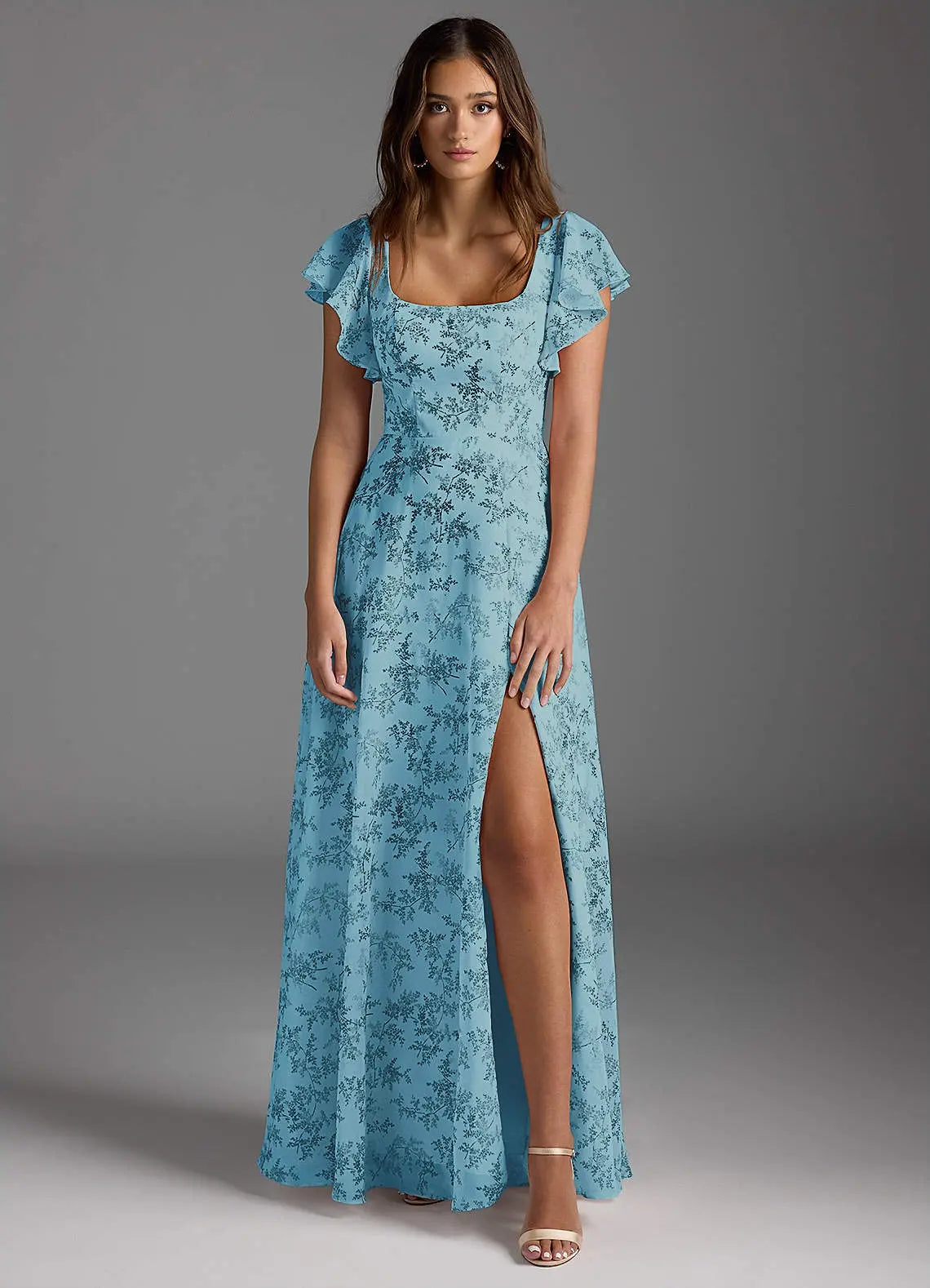 Bondi A-Line Square-Neck Chiffon Bridesmaid Dress in Blue Fern Floral